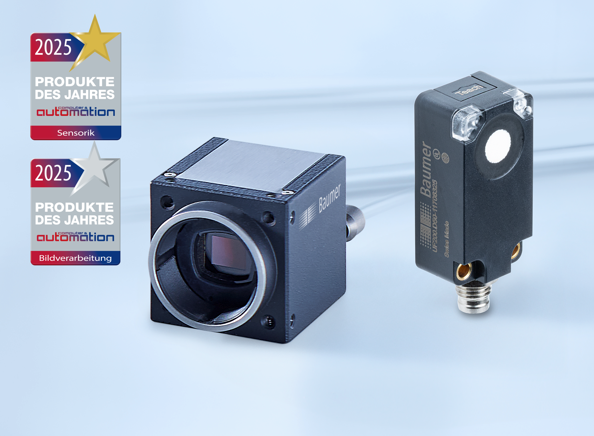 Two Baumer innovations made it to the top of the readers' vote for the Product of the Year: NexSonic ultrasonic sensor UF200 as latest newcomer to the Baumer Toolbox of ultrasonic sensors and the SWIR cameras CX.SWIR.XC in their innovative thermal design. Illustration: Baumer
